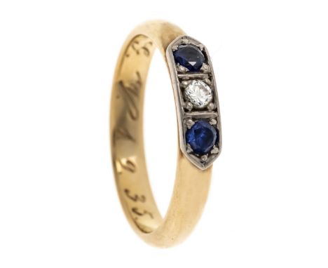Saphir-Diamant-Ring GG/WG 585/000 mit einem Brillanten 0,07 ct l.get.W/VS und 2 im Brillantschliff fac. Saphire 3 mm in guter