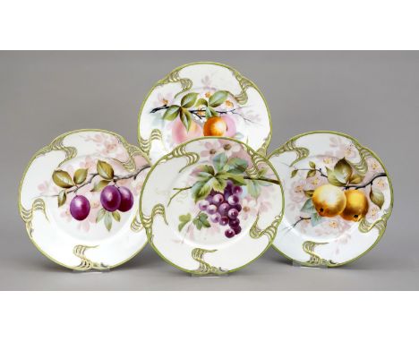 Vier Jugendstil-Teller, Rosenthal, Selb, um 1900, durchbrochene Form, polychrome Malerei mit verschiedenen Obstzweigen, grüne
