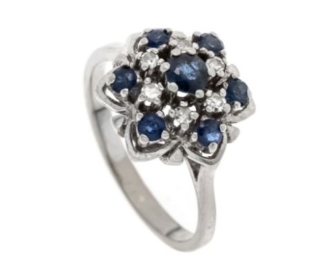 Saphir-Diamant-Ring WG 585/000 mit 7 rund fac. Saphiren 3,3 und 2 mm, Dunkelblau, transparent und 6 Achtkant-Diamanten, zus. 