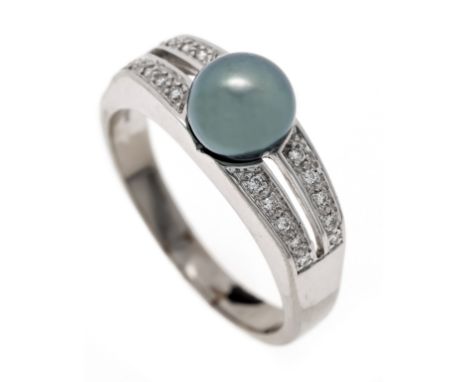 Tahitiperlen-Ring WG 585/000 mit einer dunkelgrauen Tahitiperle 8 mm und 20 Brillanten, zus. 0,10 ct W/SI, RG 67, 7,7 g