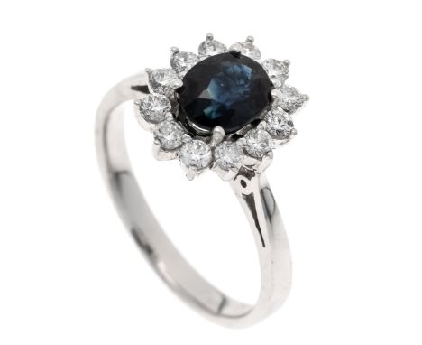 Saphir-Brillant-Ring WG 750/000 mit einem oval fac. Saphir 7,0 x 5,6 mm und 12 Brillanten, zus. 0,50 ct TW/VS, RG 53, 3,9 g