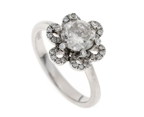 Brillant-Ring WG 750/000 ungest., gepr., mit einem Brillanten 1,24 ct l.get.W-W/PI, Abplatzer an Außenfacette und 42 Brillant