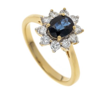 Saphir-Brillant-Ring GG 750/000 mit einem oval fac. Saphir 6,5 x 5,3 mm in guter Farbe und 10 Brillanten, zus. 0,60 ct TW-W/P