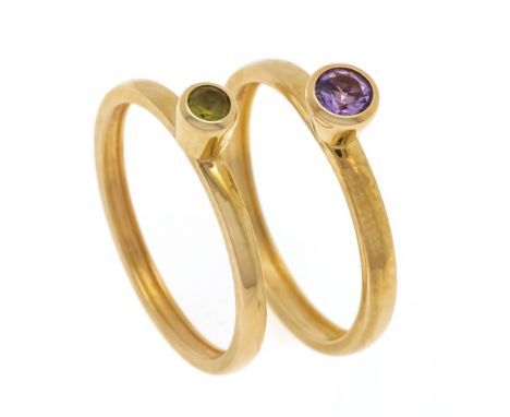 2-teiliges Ring-Set GG 585/000 mit einem rund fac. Amethyst 4 mm und einem rund fac. Peridot 3 mm, RG 56, 4,5 g