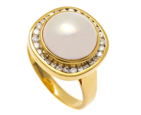 Mabéperlen-Brillant-Ring GG 750/000 mit einer exzellenten weißen Mabéperlen 13 mm, mit sehr sehr wenig natürlichen Merkmalen 