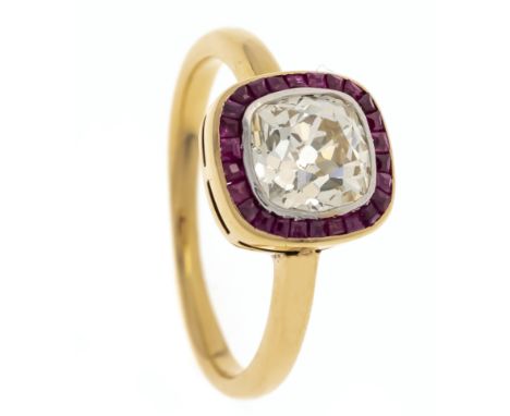 Altschliff-Diamant-Rubin-Ring WG/GG 750/000 ungest., gepr., Goldschmiedeanfertigung mit einem kissenförmigen Altschliff-Diama