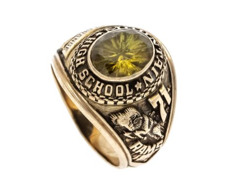 Highschool-Ring GG 417/000 (10 Karat punziert) Mountain Highschool, mit gelben, oval fac. Edelstein 10 x 8 mm, RG 58, 10,0 g