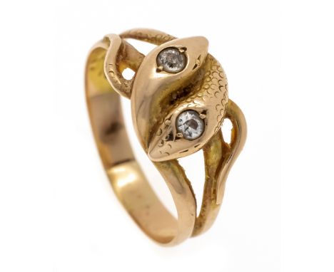 Schlangen-Ring GG 585/000 2 stilisierte, ineinander verschlungene Schlangen mit 2 Altschliff-Diamanten, zus. 0,14 ct l.get.W/