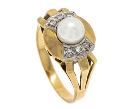 Akoya-Diamant-Ring GG/WG 585/000 mit einer weißen Akoyaperle 6,3 mm und 6 Achtkant-Diamanten, zus. 0,09 ct l.get.W/SI, RG 5,0