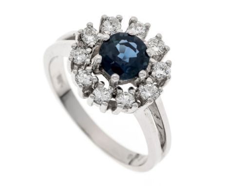Saphir-Brillant-Ring WG 585/000 mit einem rund fac. Saphir 6 mm in guter Farbe und Reinheit, sowie 10 Brillanten, zus. 0,43 c