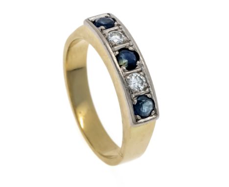 Saphir-Brillant-Ring GG/WG 585/000 mit 3 rund fac. Saphiren 3 mm, Dunkelblau, transparent und 2 Brillanten, zus. 0,16 ct TW/V