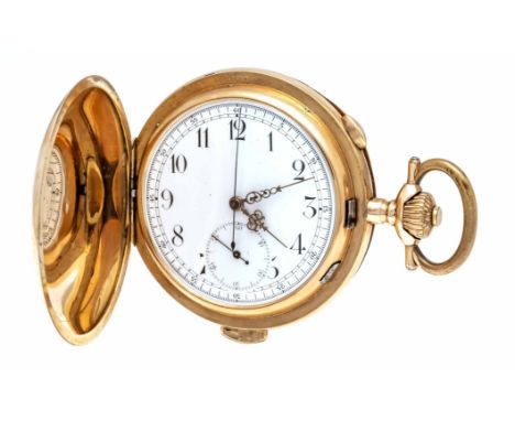 1/4 Stunden Repetitions Herren Sprungdeckeluhr, Chronograph, 585/000 GG, 3 Deckel Gold, guillochierte Deckel mit freier Gravu