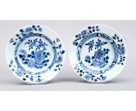Paar Blau-weiße Teller, China, 18. Jh. (Qing/Kangxi), Ränder mit minimalen Chips, D. 16 cm