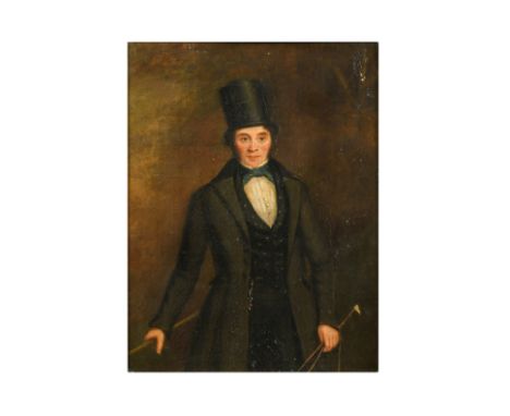 Portrait of a man, three quarter length, standing, in a top hat, holding a whip oil on canvas 33 x 24.5cmFootnote: The sitter