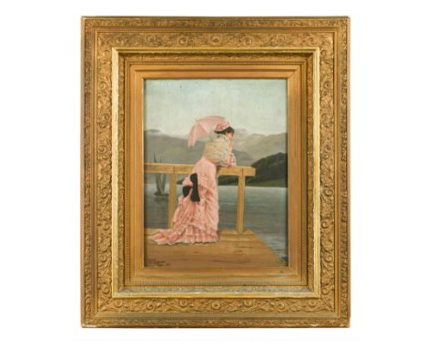 A Lady with a parasol looking out over a lake signed lower left 'H. N. Hyneman. / Paris 1877.' oil on panel 41 x 31cmFootnote