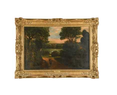 'The Woodman' - A Figure on a wooded roadway at sunset oil on canvas 46.5 x 70cmFootnote: Provenance: According to an inscrip