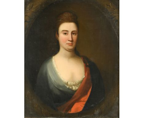 Portrait of a lady, probably a member of the Hunt family of Boreatton, Shropshire, half length, within a stone cartouche oil 