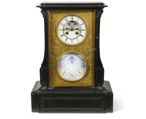 the rectangular case on moulded breakfront plinth base, with twin dials within a foliate engraved gilt surround, two part ena