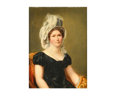 Portrait of a lady in a black dress, half length, wearing a feathered bonnet; and Portrait of a lady in a green dress, half l