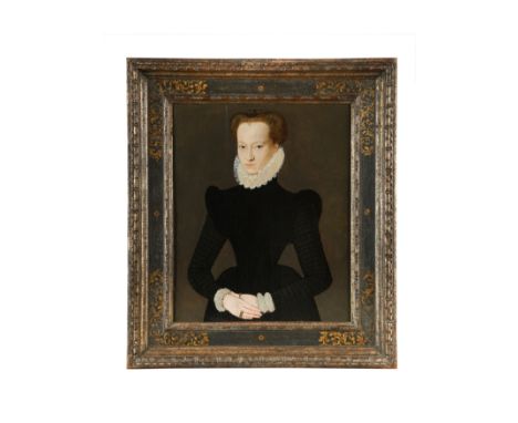 Portrait of a Lady standing three-quarter length, in black, her hands clasped before her inscribed to the reverse '1575 Anne 