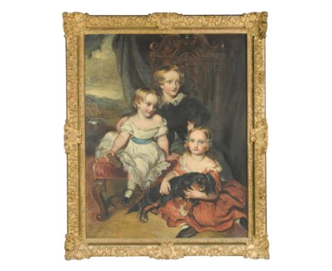 Portrait of John, Annabella and Augusta Annesley, all seated full length in a high back chair with Annabella holding a King C