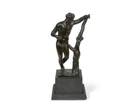 modelled standing nude beside a tree trunk with a lizard climbing, mounted on a squared base with ebonised pedestalthe bronze