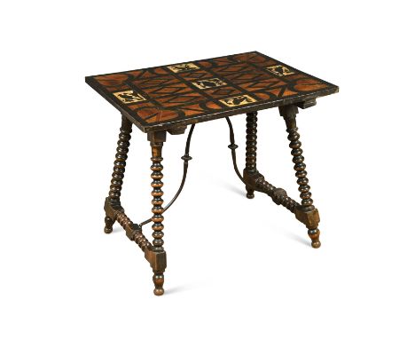 the rosewood inlaid top with lozenge and ebony bird inlay with bone surround, on bobbin turned support and iron stretcher 66 