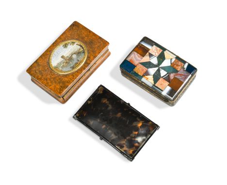 depicting a bridge and tower in a river landscape, 9cm wide; together with a specimen marble mosaic topped agate snuff box, 8