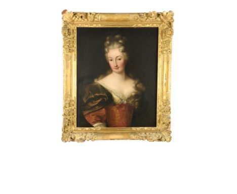 Portrait of a lady, traditionally said to be Marquise de Thil, half length, in a red dress, her hair in ringlets oil on canva