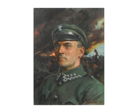 Portrait traditionally believed to be of a First Lieutenant Podgórski, half length, in uniform before a battlefield signed lo