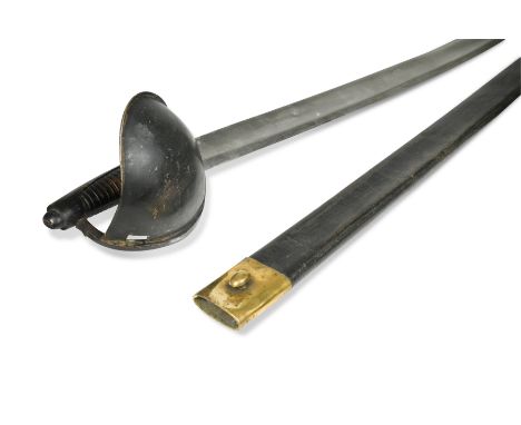 with 68cm blade signed 'A &amp; E Hollar, Solingen', painted curved steel guard, ribbed grip and leather scabbard with brass 