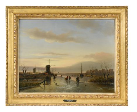 A Winter landscape with figures skating on a frozen river signed lower right with a monogram 'ADD' oil on panel 44 x 57cmCOND