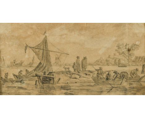An Estuary scene with boats and figures on a bank pencil on paper 8 x 16cmFootnote: Provenance: R W P de Vries, Amsterdam, 25