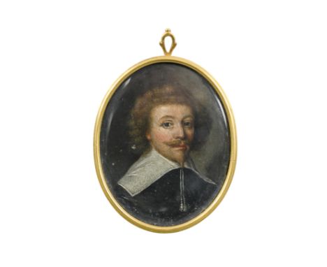 Portrait of a gentleman, head and shoulders, in a black doublet with a lawn collar oil on copper, oval 5.5 x 4.4cmFootnote: P