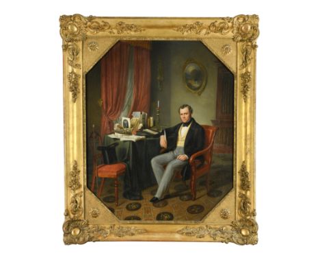 Portrait of a gentleman in his study signed or inscribed right of the sitter's chair 'Clausel 1842 / Peinture encaustique lus