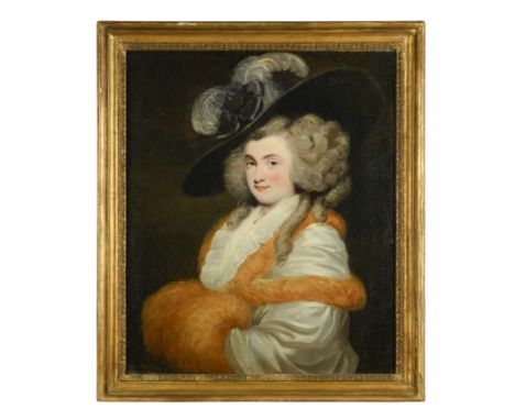 Portrait of Mrs Hyatt, half length, in a fur-trimmed coat and a feathered hat inscribed to the reverse 'T. Hardy Pinxt / (? L