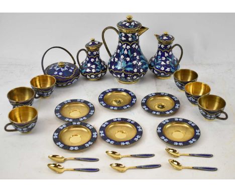 A fine contemporary Russian silver gilt and champlevé enamel decorated tea service comprising teapot, two graduated lidded ju