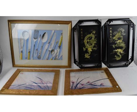 PETER R HILL; watercolour, display of cutlery on a pale blue background, signed and dated '03, 43 x 63cm, framed and glazed, 