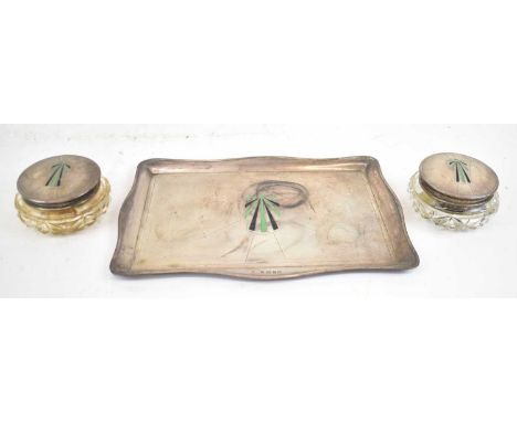 JAMES WALTER TIPTAFT; an Art Deco dressing table set, comprising tray with green and black enamelled decoration, 21.5 x 31cm,