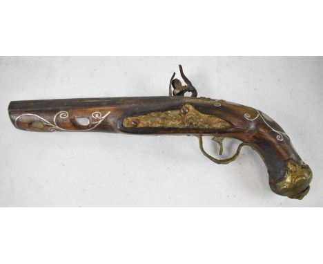 A distressed flintlock pistol with mother of pearl inlaid detail, af, length 31cm. 
