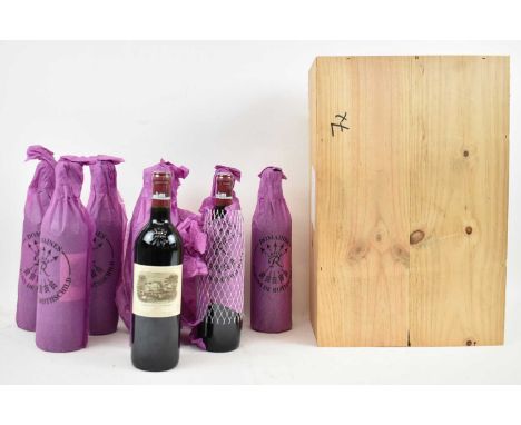 RED WINE; nine bottles of Château Lafite Rothschild Pauillac, 2002, 12.5%, 750ml, in wooden crate.