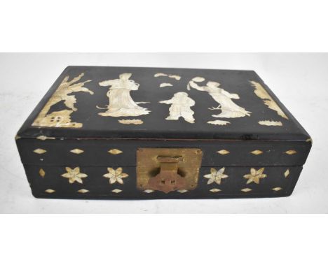 A Japanese black lacquer mother of pearl inlaid rectangular box, width 28cm. 