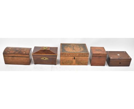 A small 19th century mahogany sarcophagus form tea caddy, width 19.5cm, a 19th century square shell inlaid tea caddy and thre