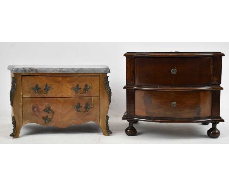 A French style miniature chest modelled as a marble topped commode with gilt metal mounts and two drawers, width 30cm, height