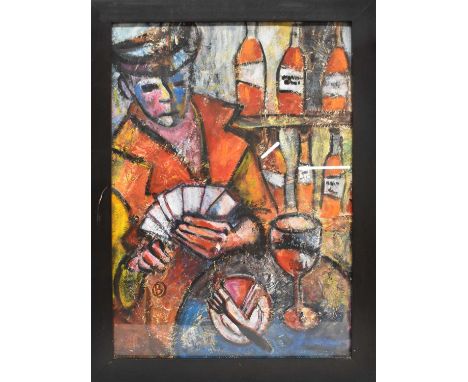 † BARBARA GOMEZ DEL OLMO; abstract acrylic on board, figure playing cards in a bar, 'The Card Player', 68 x 48cm, framed and 