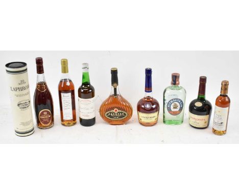 A quantity of alcohol including a ten year old Laphroaig whisky, Cognac, Madeira, Plymouth Gin etc. (9). 