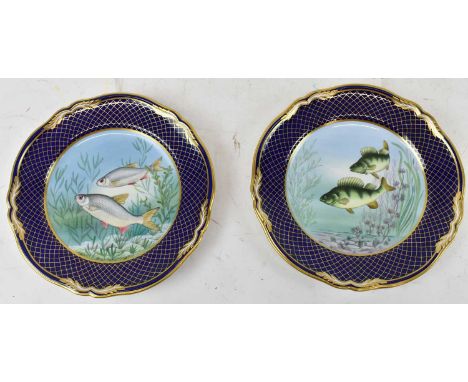 SPODE; a pair of cabinet plates handpainted with sporting fish comprising no.1 Perch painted by A Wallis and no. 6 Roach pain