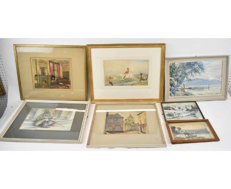 A group of seven decorative watercolours, to include a hunting scene, an elderly homeless man sitting on a step, indistinctly