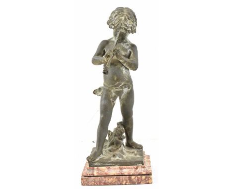 AFTER JEAN LOUIS GREGOIRE; a spelter figure of a young boy playing a pipe, signed, on marble base, height 28.5cm.