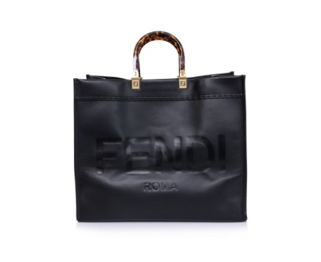 A FENDI 'SUNSHINE' LARGE BLACK LEATHER SHOPPER
Leather hot-stamped "FENDI ROMA" logo, featuring faux-tortoiseshell plexiglass